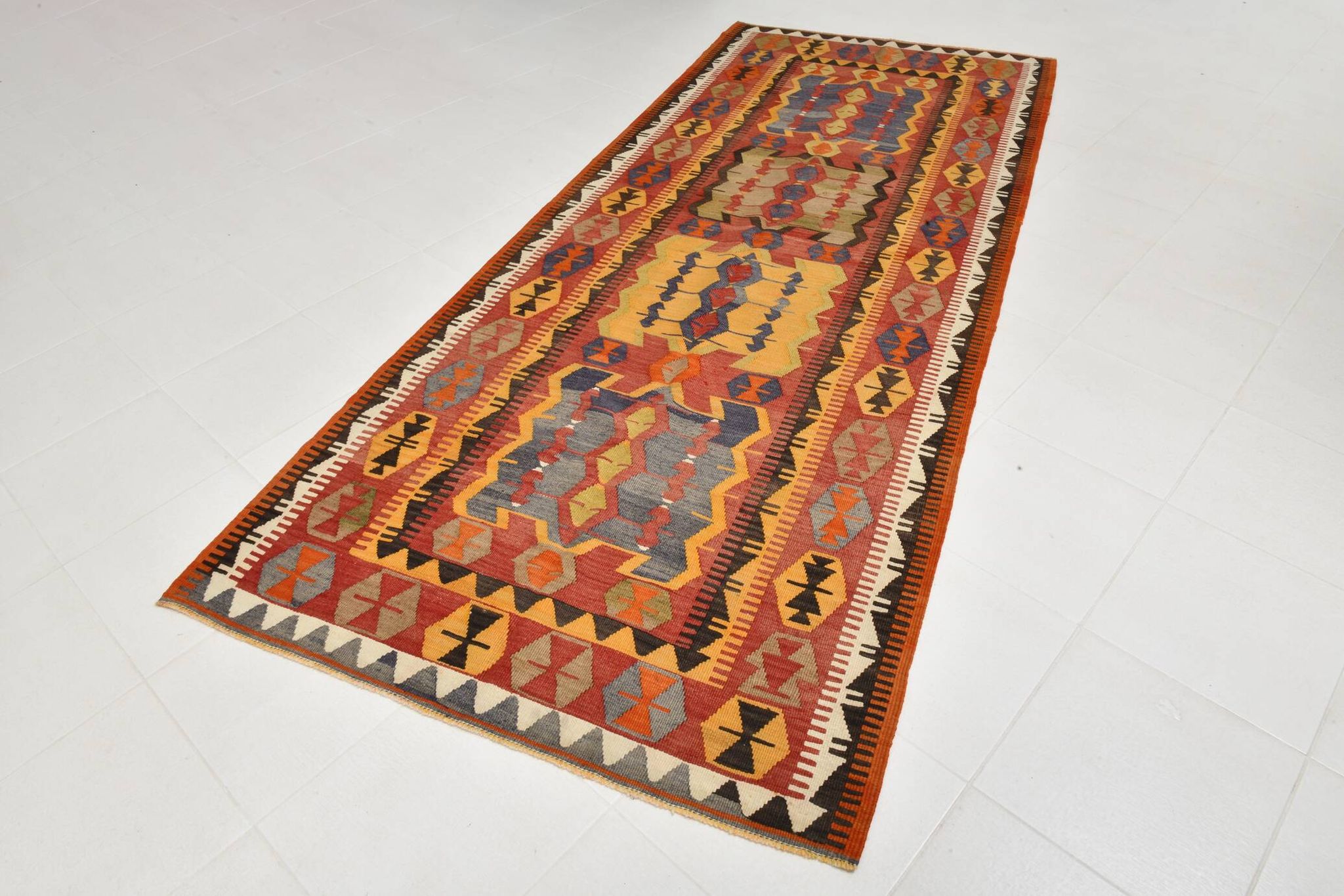 5x12 Soft Red and Orange Anatolian Kilim Rug, Wool Kilim Carpet, 139x377Cm