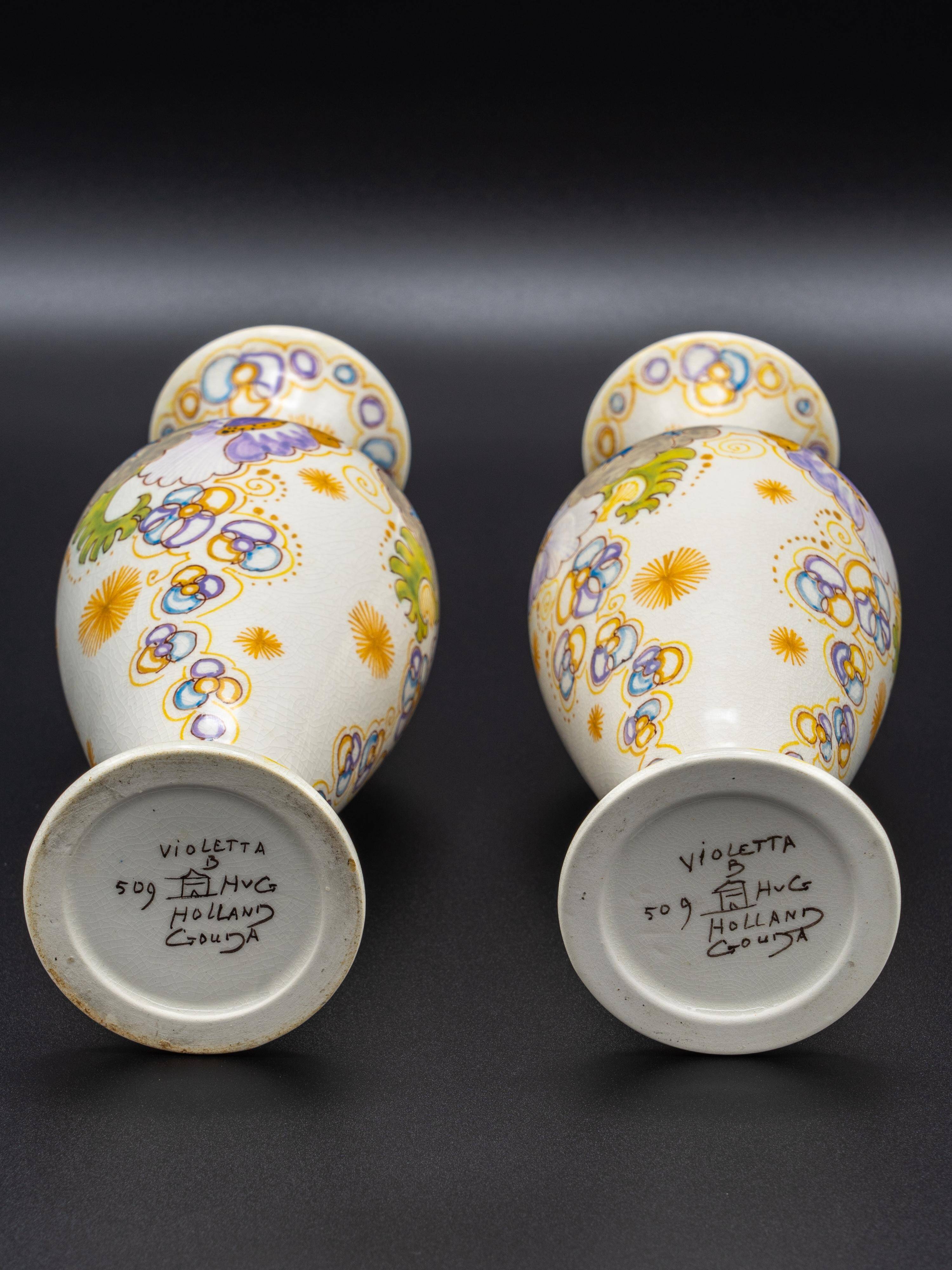 Pair of hand-painted ceramic vases in Dutch Art Nouveau Gouda PZH, 'Violetta', 1899