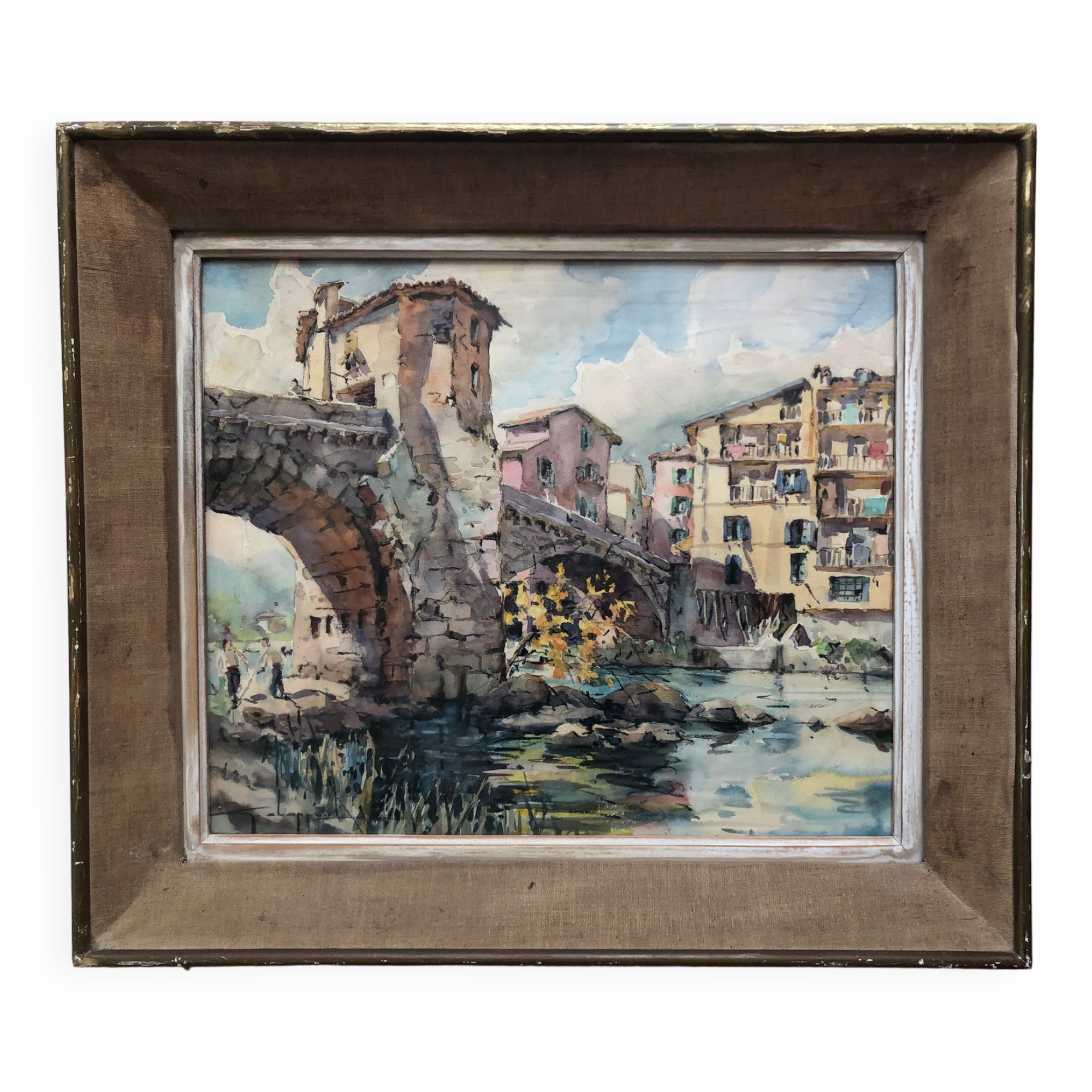 Watercolor bridge over the bevera in sospel by georges chappuis 1940, alpes maritimes 06, painting frame