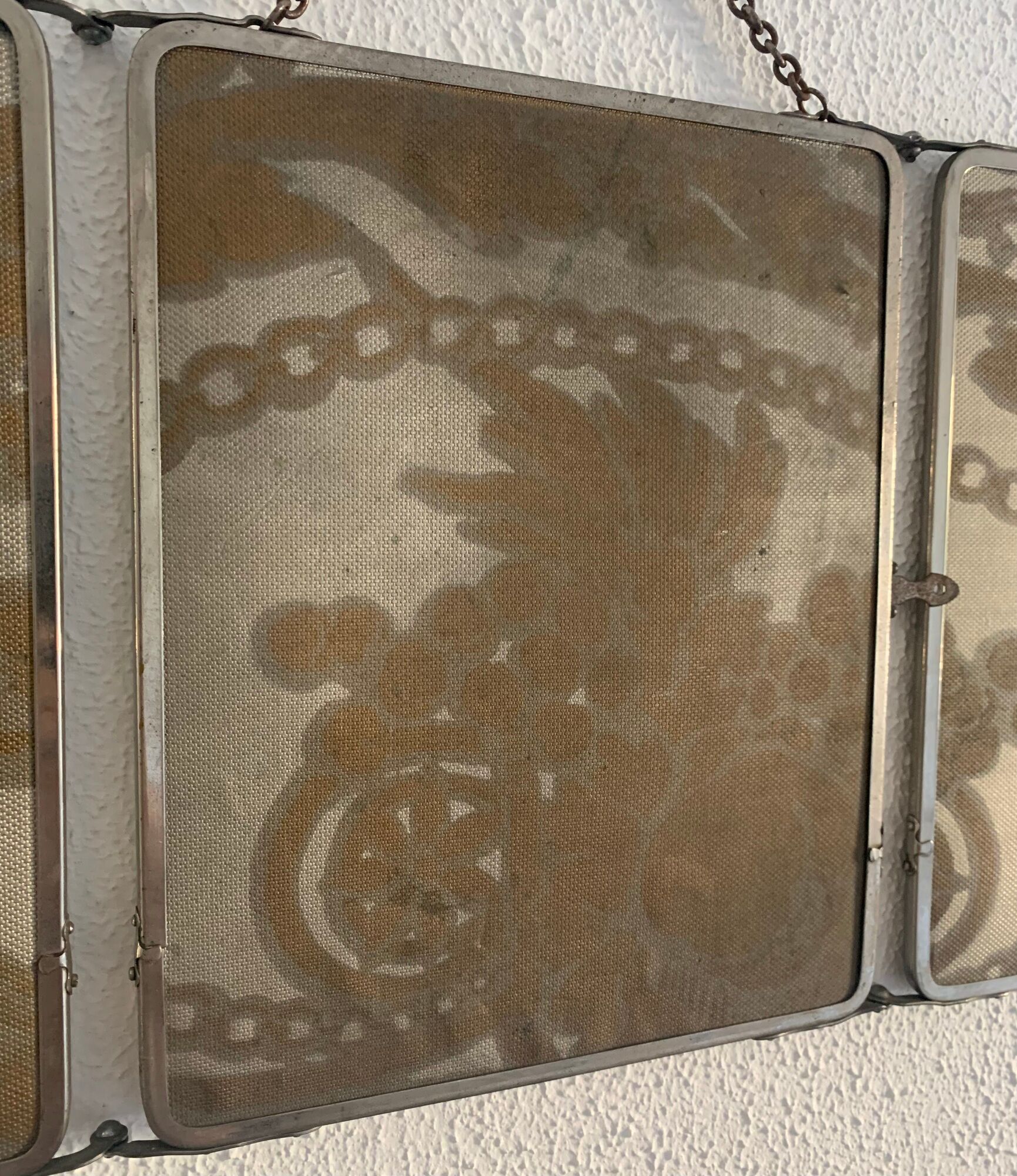 Miroir vintage 1930 triptyque de barbier Art Déco tissu - 31 x 77 cm