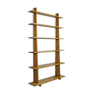 HANDCRAFTED oak wooden vintage wall cabinet with shelves, 1970s