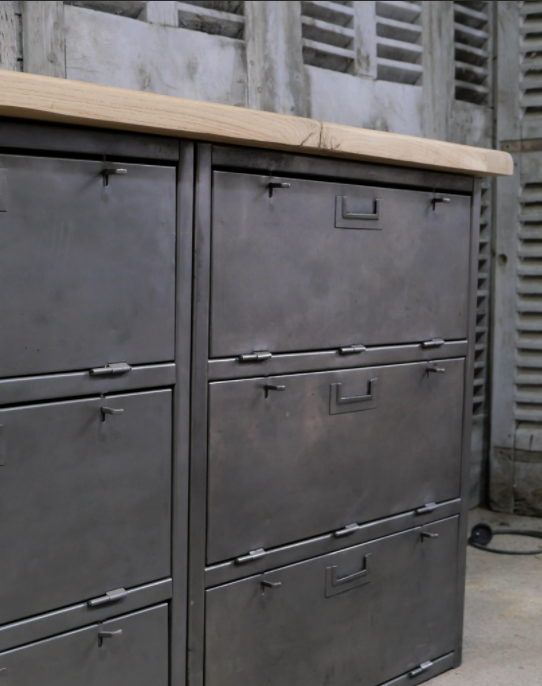 Military furniture metal console with wooden top and 6 drawers