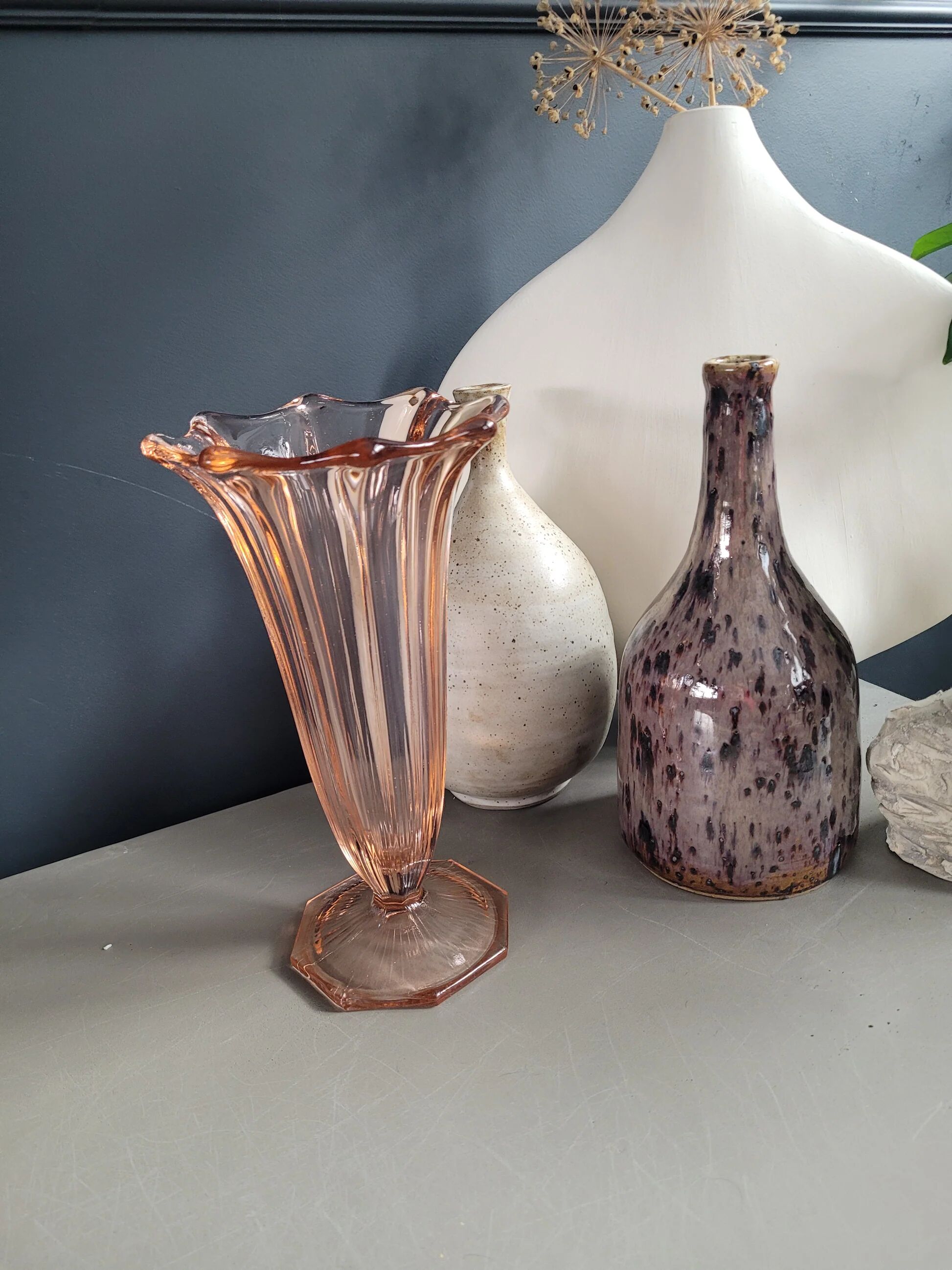 Vintage pink moulded glass tulip vase