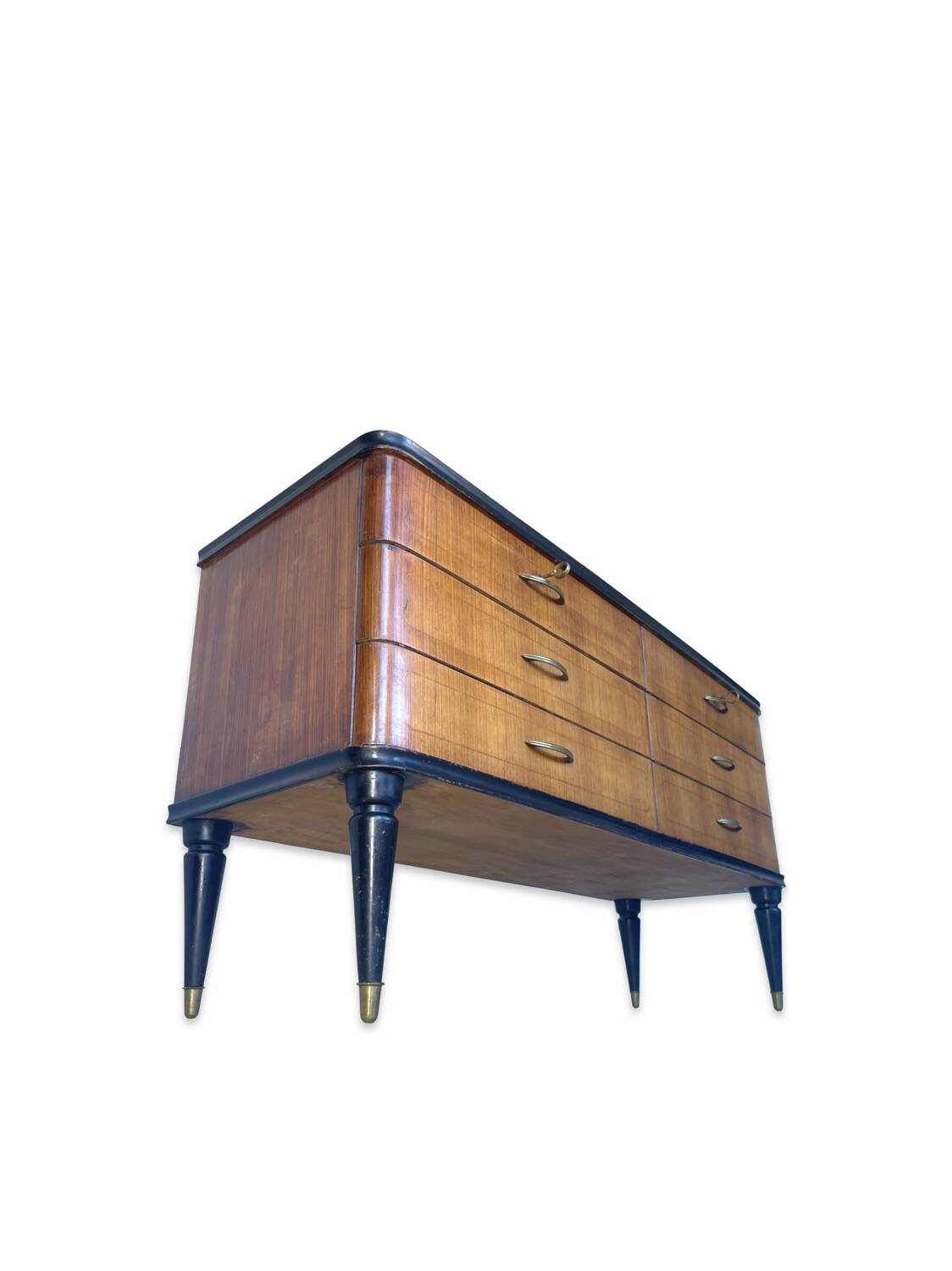 Commode en acajou plaqué avec plateau en verre vert, années 1950