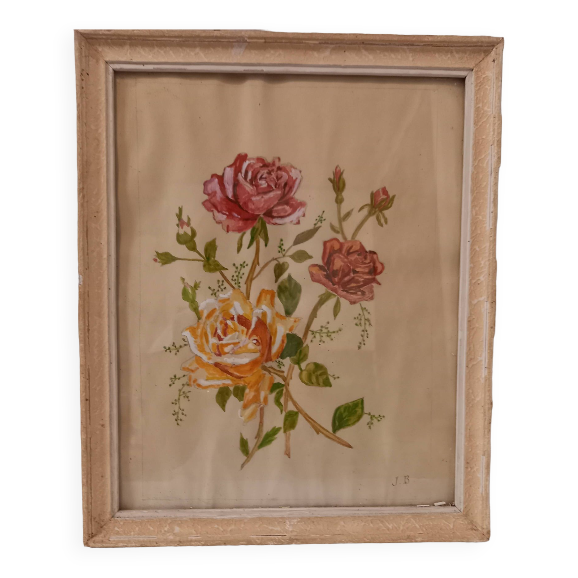 Old painting, gouache on paper, floral composition with roses, framed, under glass