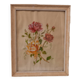 Tableau ancien, gouache sur papier, composition florale avec roses, encadré, sous verre
