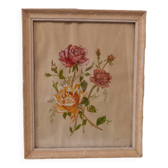 Tableau ancien, gouache sur papier, composition florale avec roses, encadré, sous verre