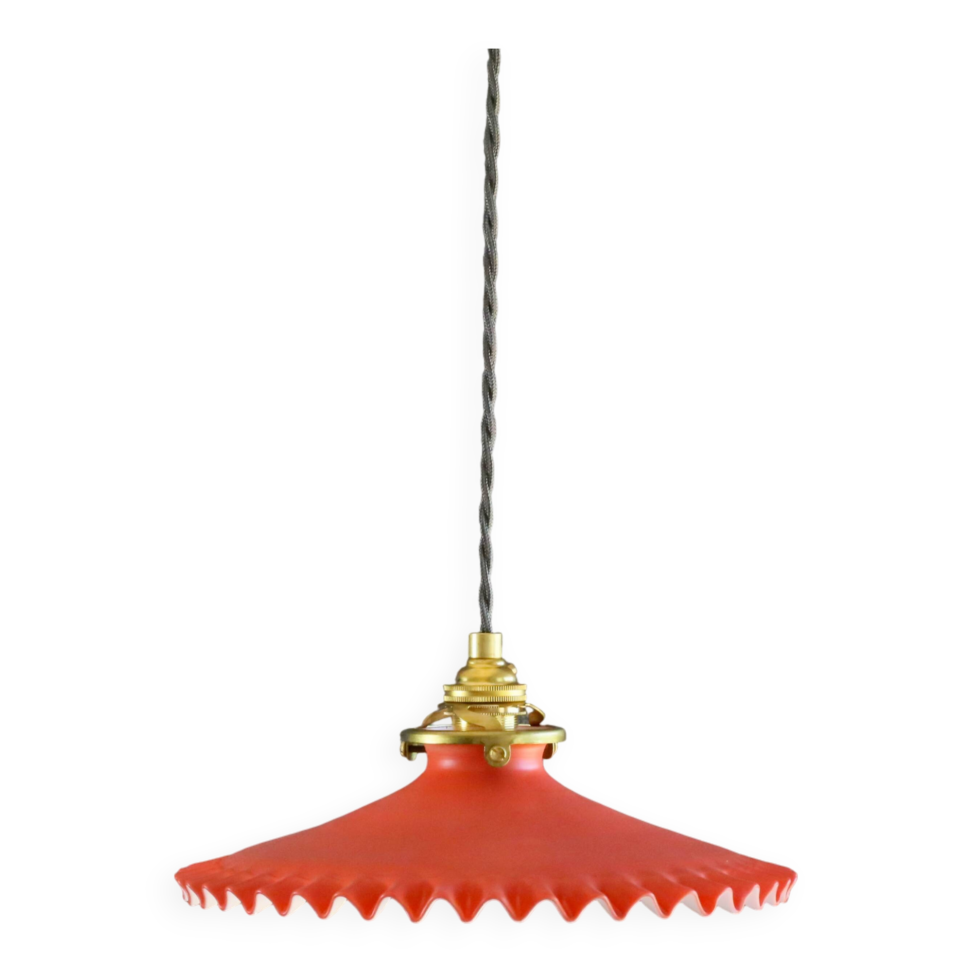 Pendant light in old glass painted red and white. New socket and cable.