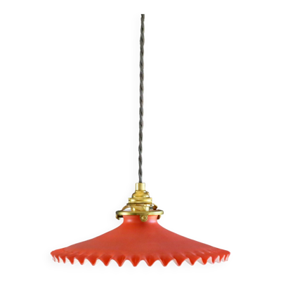 Suspension en verre ancien peint rouge  et blanc. douille et cable neuf