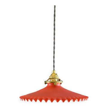 Suspension en verre ancien peint rouge  et blanc. douille et cable neuf