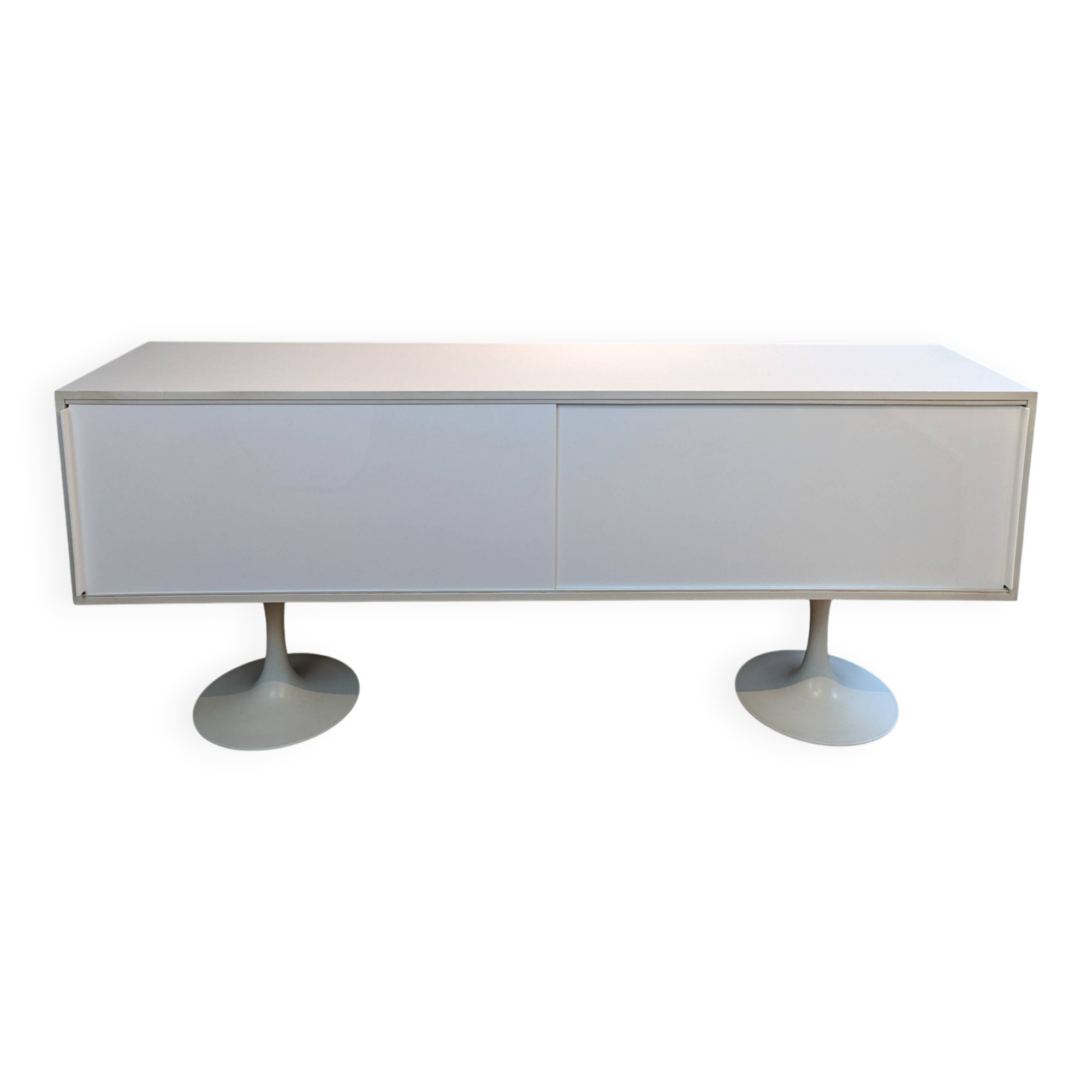A vintage mid century space age sideboard with white sliding doors