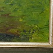 Alpine landscape painting with meadow, trees, and mountains.