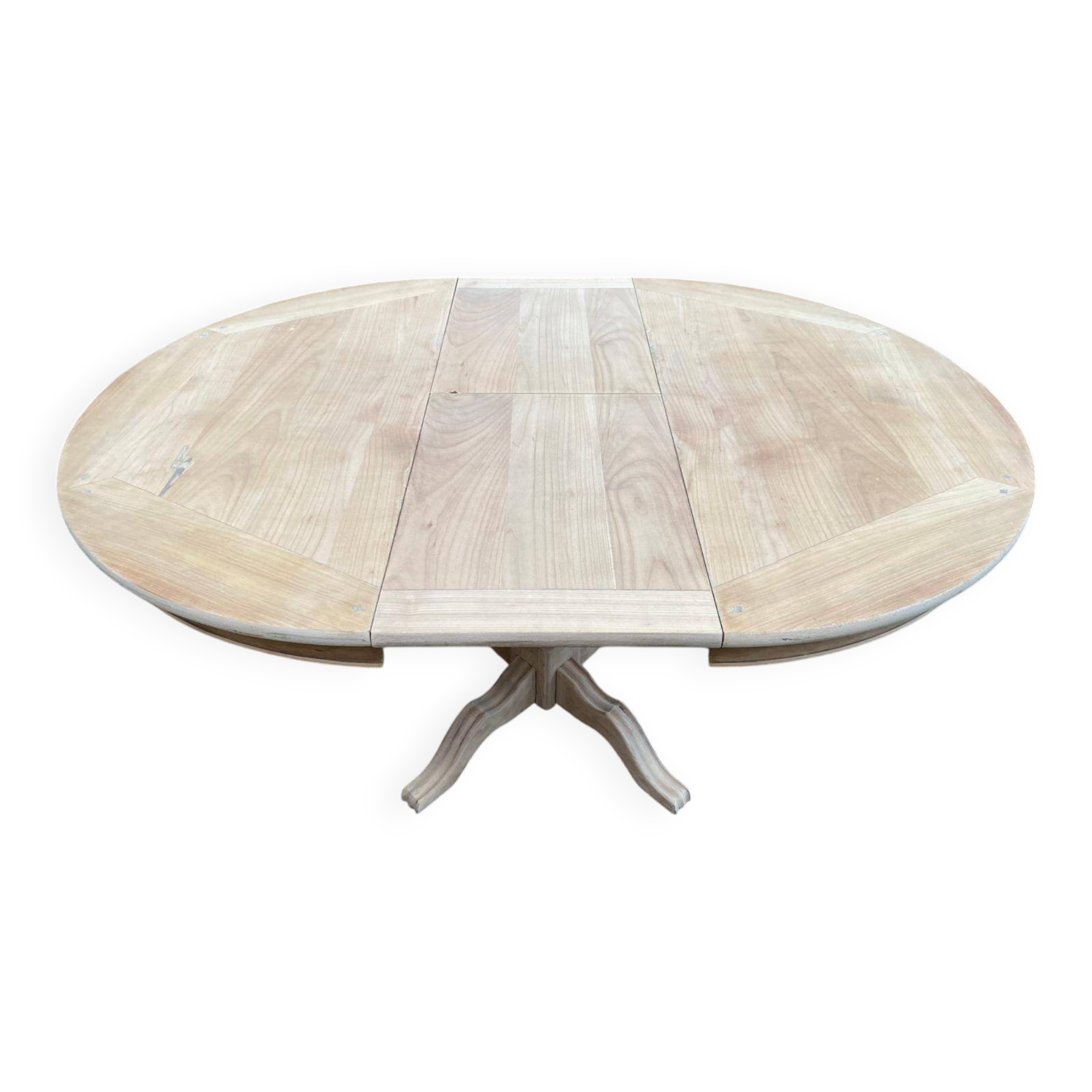 Round extendable dining table with a central pedestal base, renovated in raw wood, 150cm