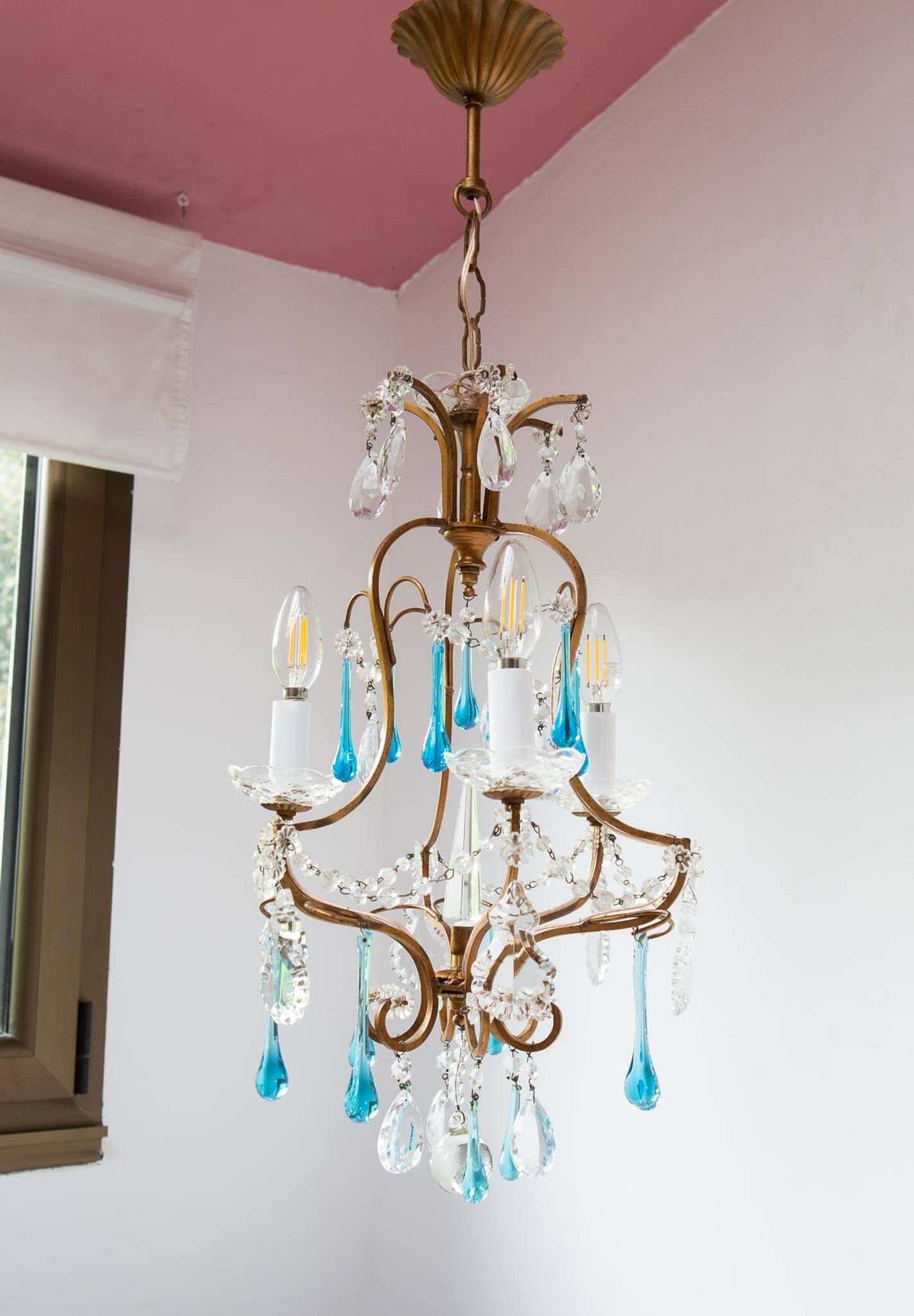 Italian chandelier in gold metal cage with blue drops circa 1960