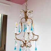 Italian chandelier in gold metal cage with blue drops circa 1960
