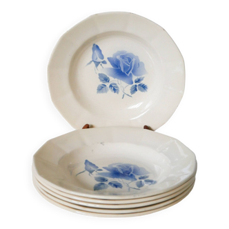 Lot de 6 assiettes creuses Digoin Sarreguemines à fleurs bleues 1950