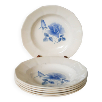 Set of 6 Digoin Sarreguemines soup plates with blue flowers 1950