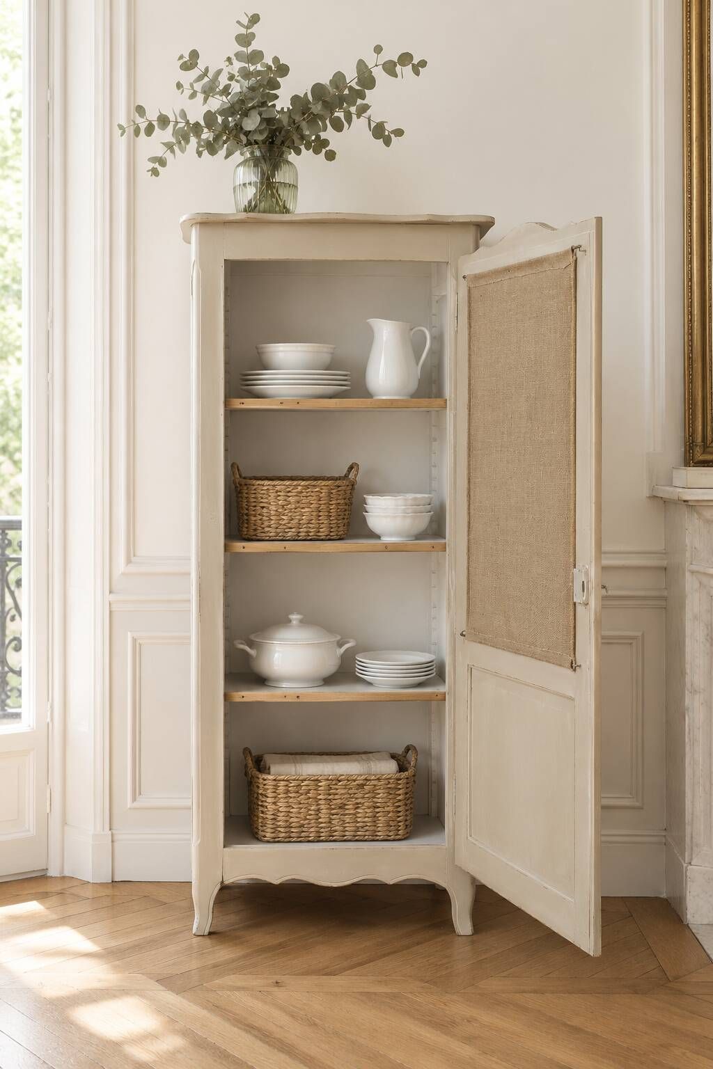 Vintage beige wardrobe made of wood and jute fabric.