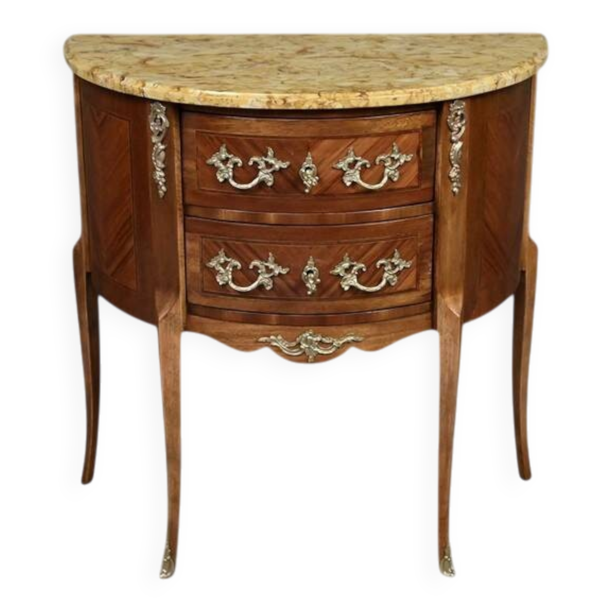 Small demi-lune jump commode in marquetry, transitional style between Louis XV and Louis XVI – early 20th century.