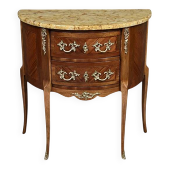 Small demi-lune jump commode in marquetry, Louis XV to Louis XVI transition style – early 20th century.