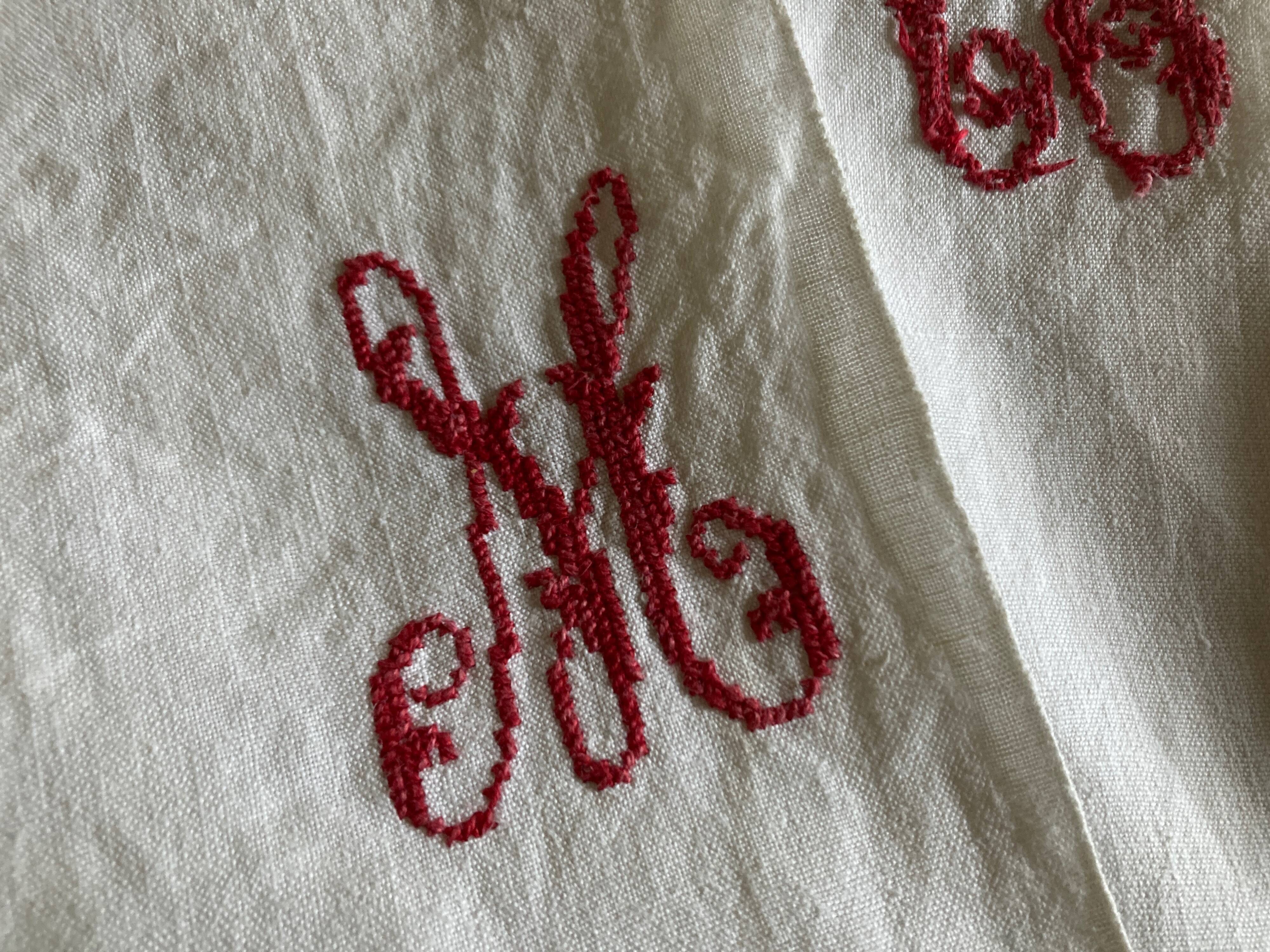 19th century embroidered linen thread tablecloth embroidered red