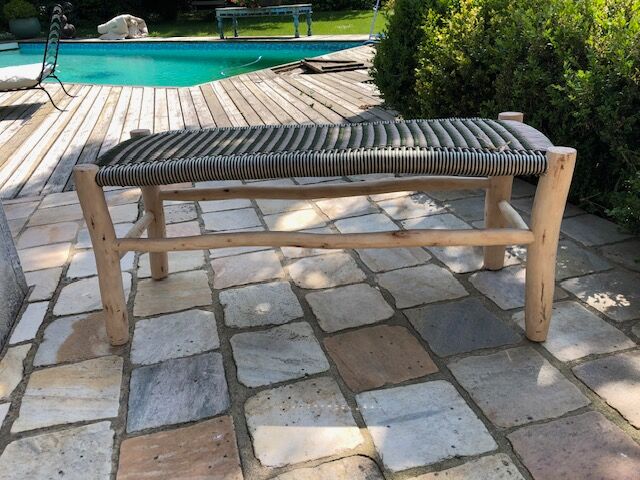 Wooden bench, khaki and beige nylon weave