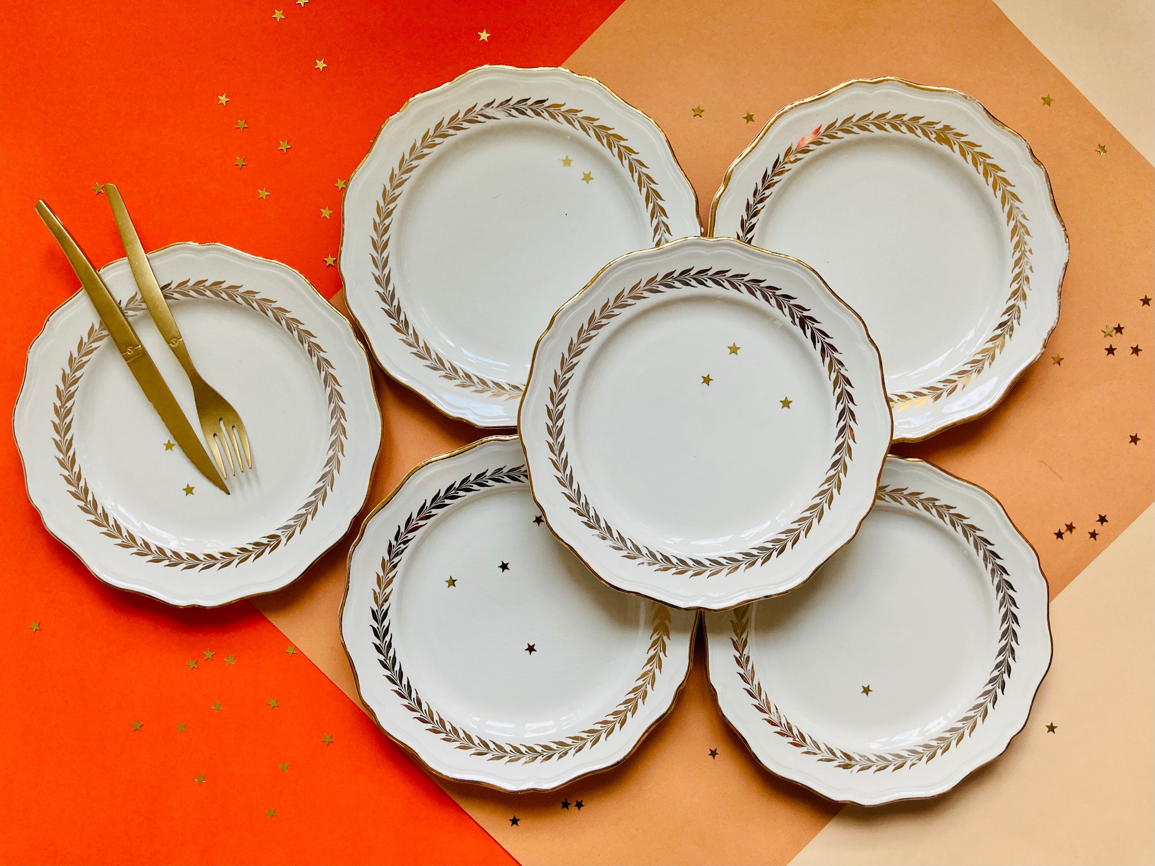 Lot of 6 white and golden vintage plates Poreylor l'Amandinoise France