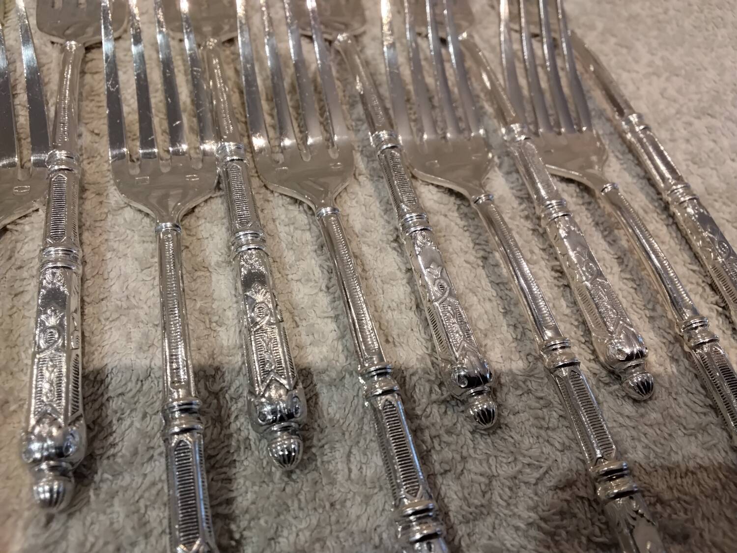 12 four-pronged lunch forks, silver-plated metal, SFAM silversmith, Russian style