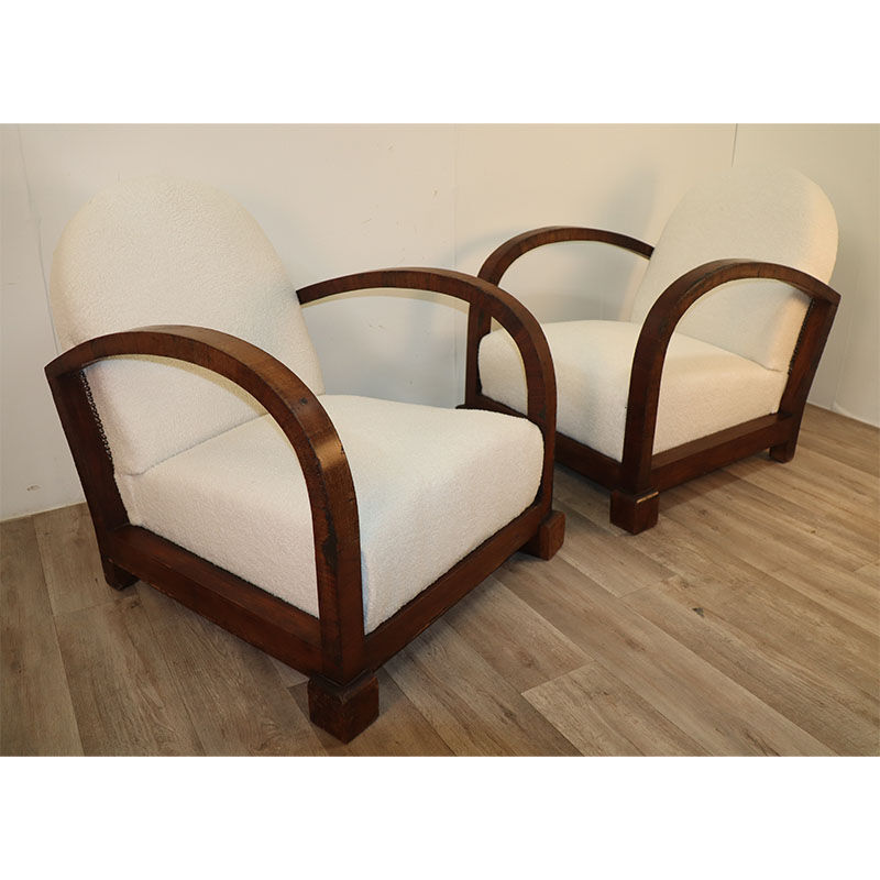 Pair of modernist armchairs in wood and buckle fabric, 1940