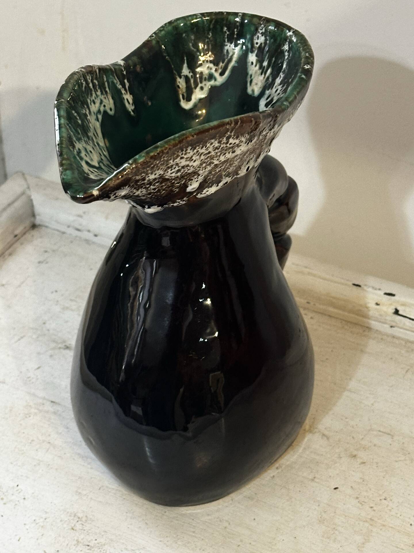 Sculptural pitcher Vallauris in glazed ceramic green and brown, France