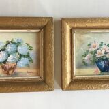 Set of 2 paintings bouquets of flowers with golden frame (signed Morgan)