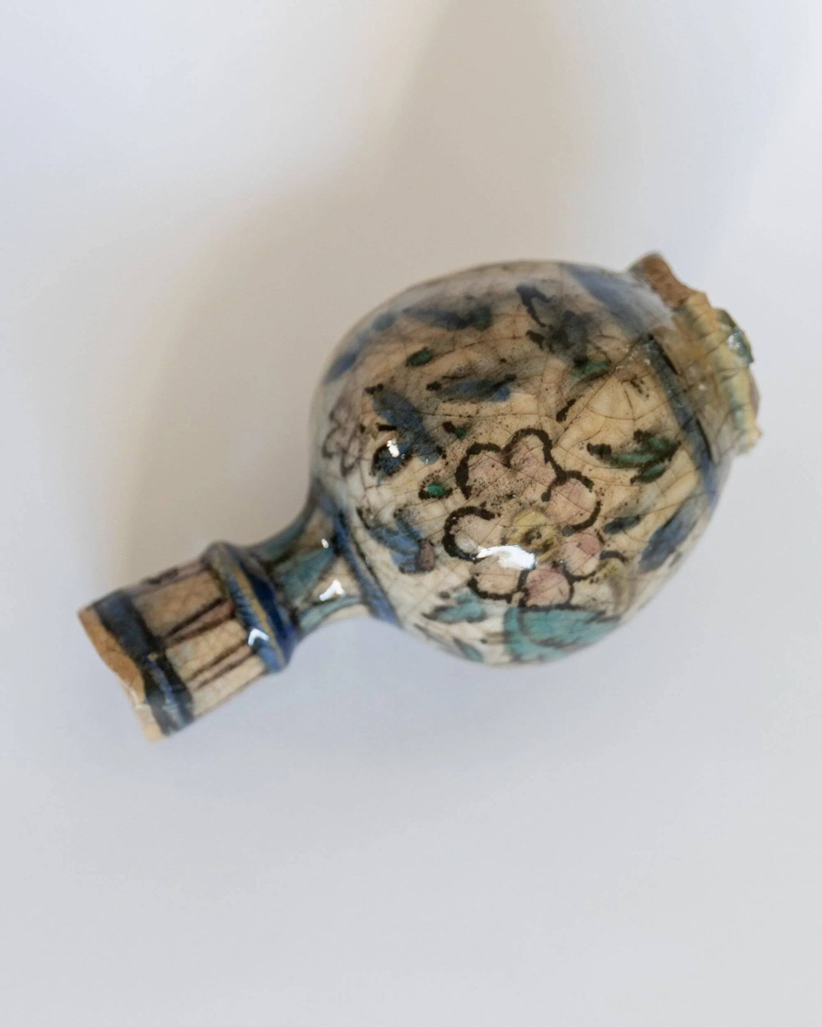 Antique 18th-century ceramic vase, hand-painted, Near Eastern design with floral motif and handle, small decorative art piece, gift idea.