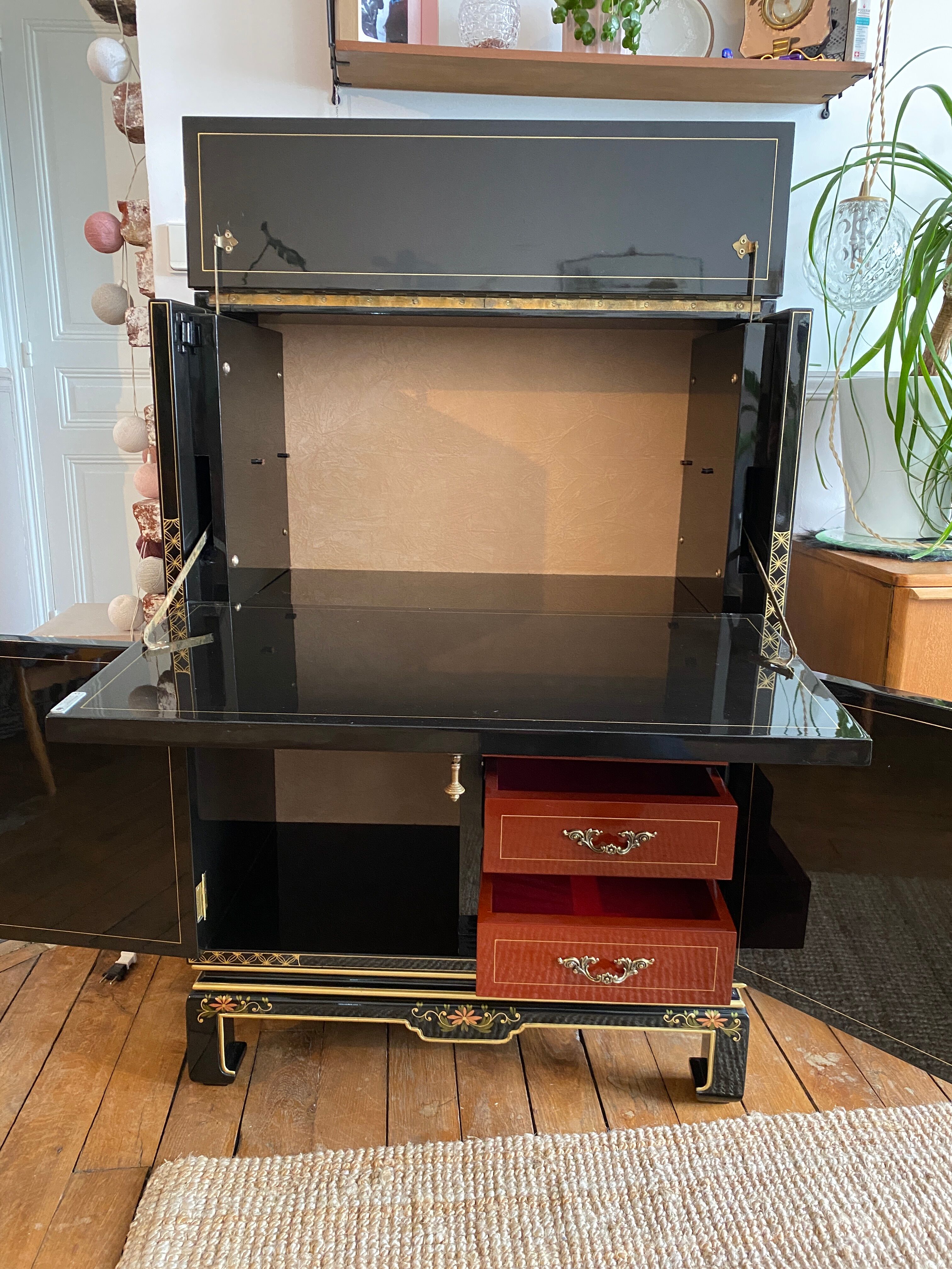 Chinese secretarial cabinet lacquered black Asian
