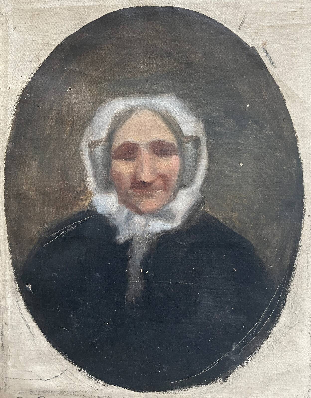 Oil painting on canvas "Portrait of Grandmother" signed + frame, 19th century