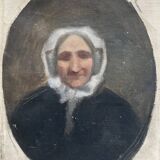 Oil painting on canvas "Portrait of Grandmother" signed + frame, 19th century