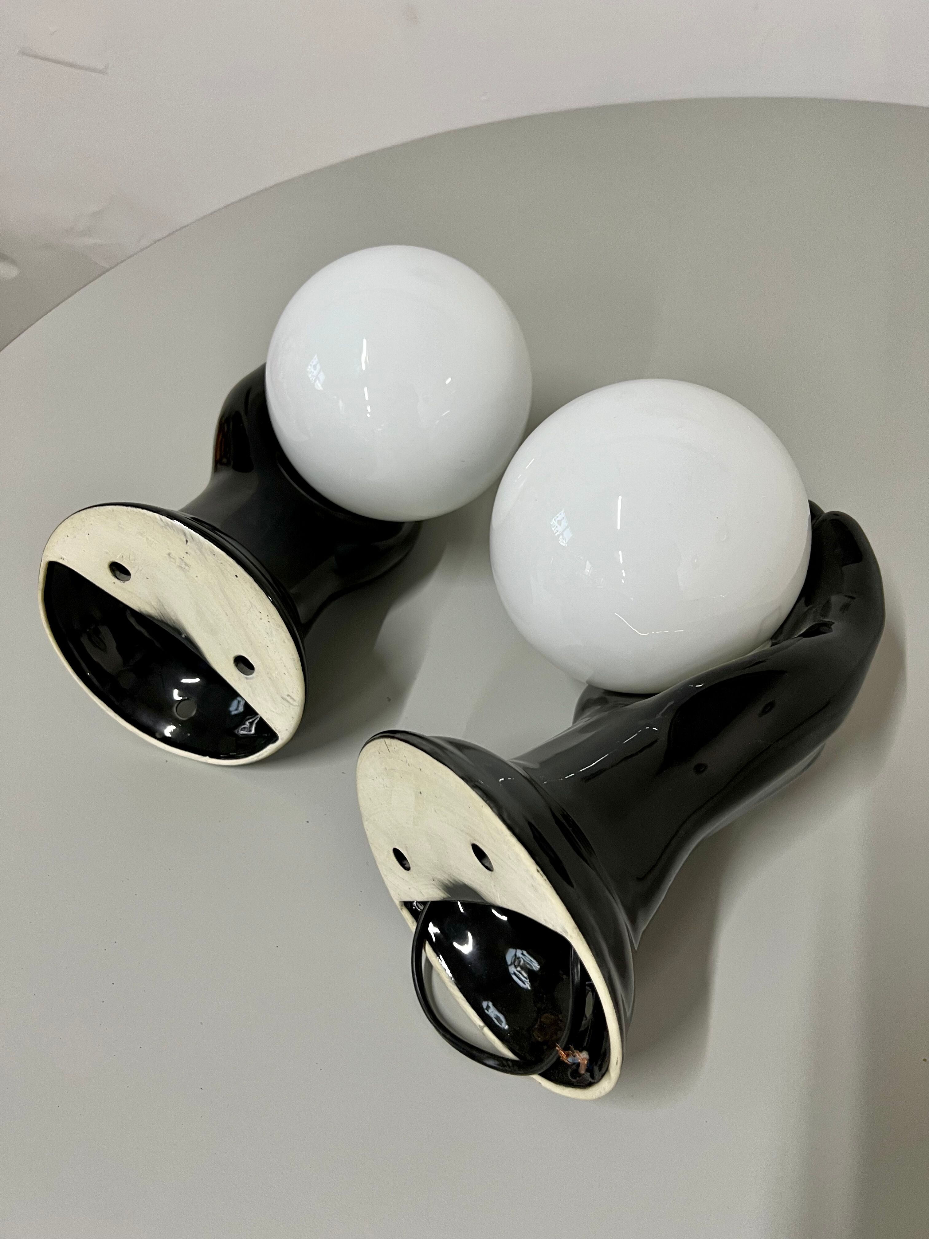 2 black ceramic hand lamps from the 70s / vintage and opaline lamp