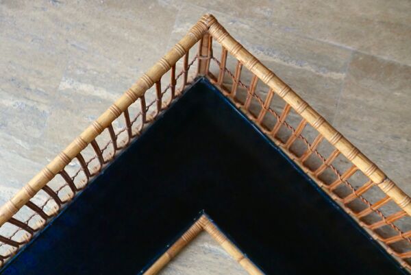 Etagère murale d'angle en rotin 200 x 100 années 50