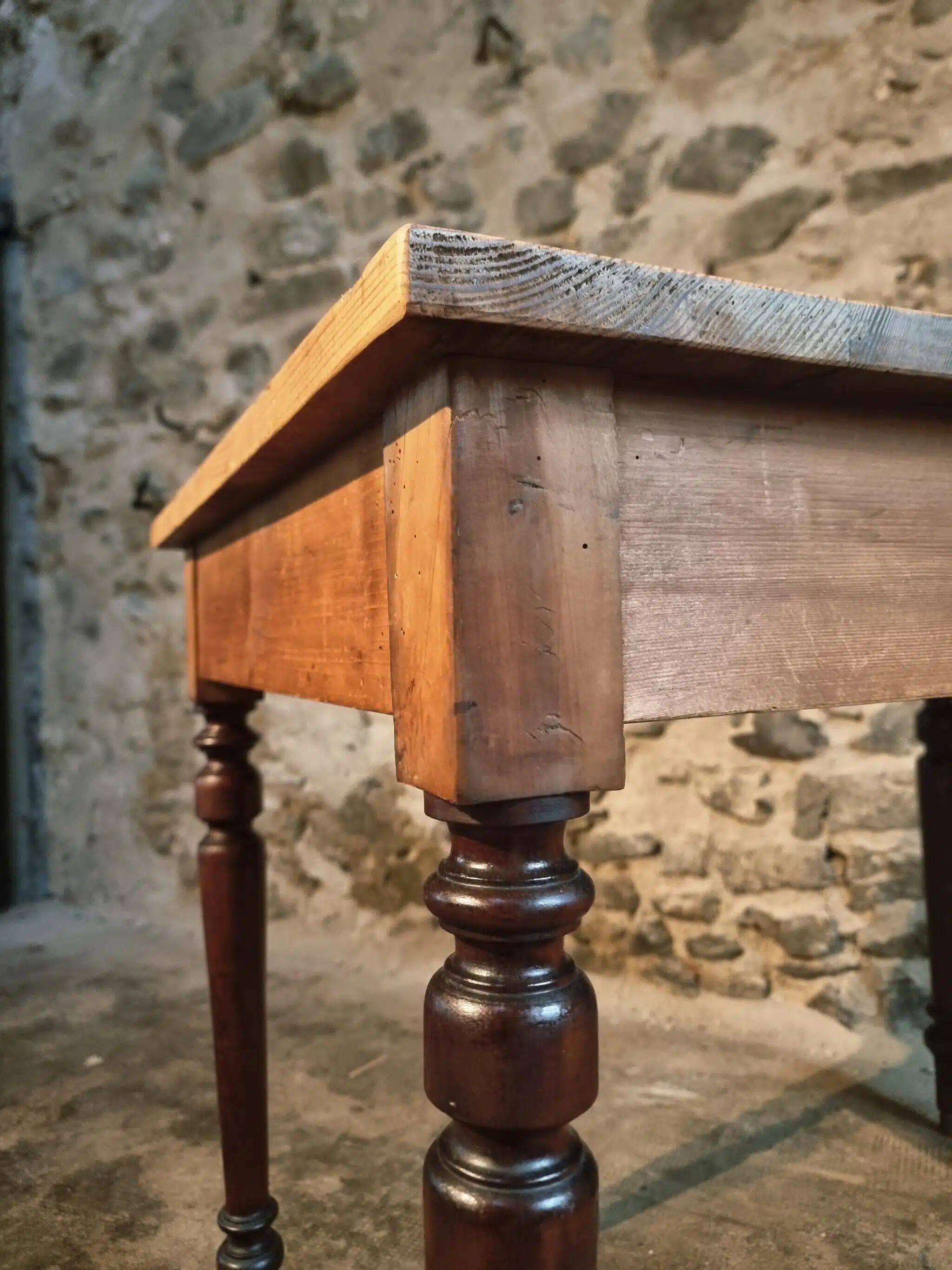 Vintage French pine table with extendable side, circa 1930, suitable for kitchen or office use.