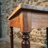 Vintage French pine table with extendable side, circa 1930, suitable for kitchen or office use.