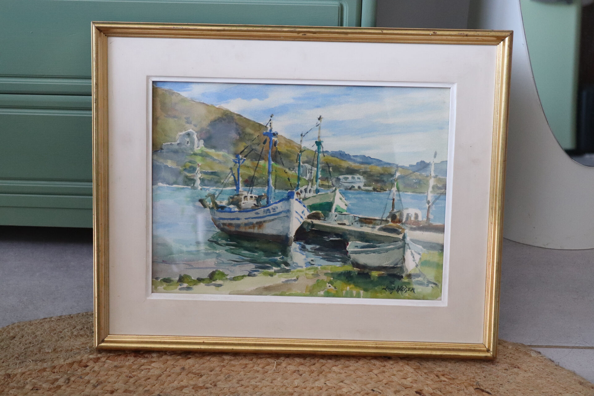 Watercolour painting "Trawlers at Anchor – Port-Vendres" signed Loui