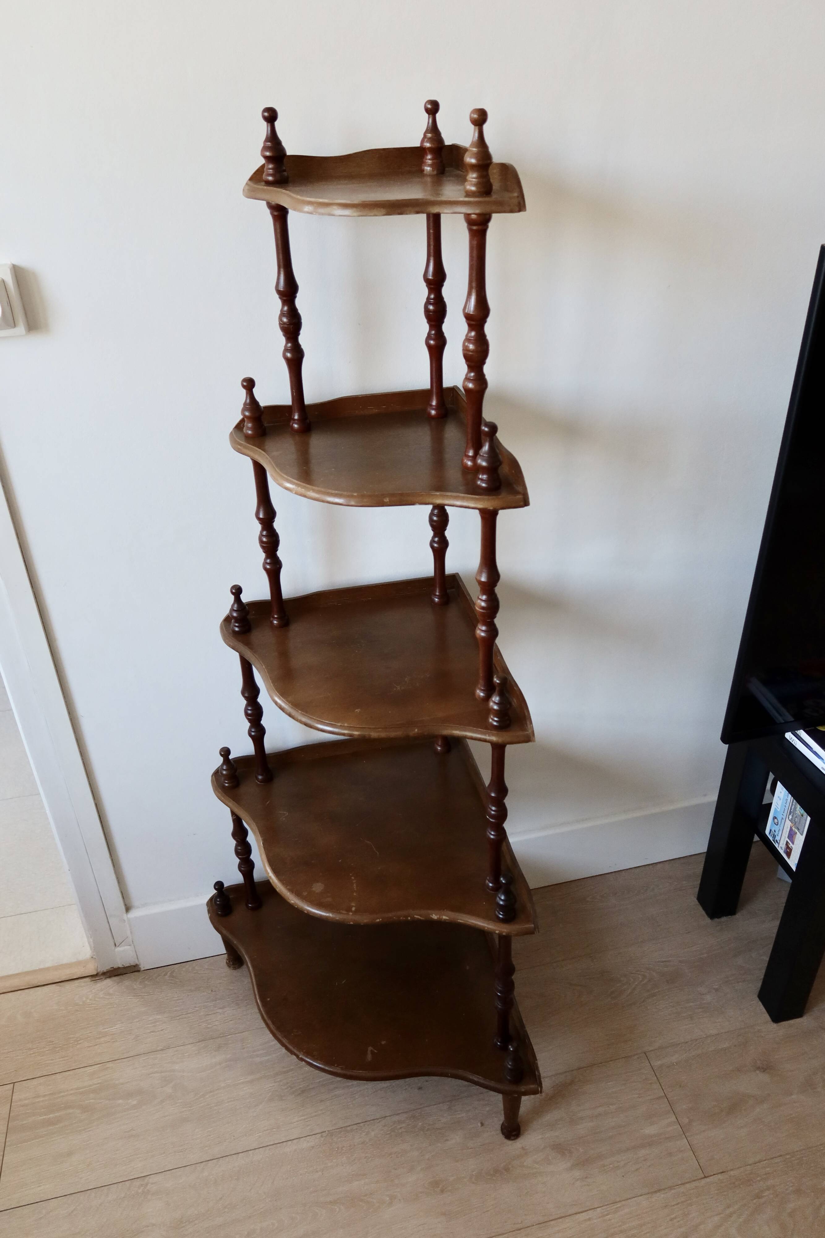 Vintage 5-Tier Corner Shelf on Legs, Turned Wood