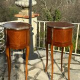 Pair of bedside tables in precious wood marquetry in the Louis XV style, 20th century