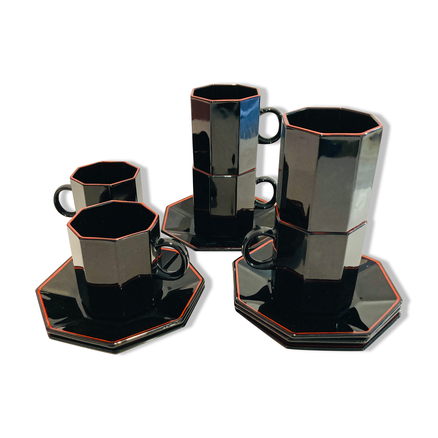 6 coffee cups octime arcoroc- esso collection - black and red - vintage - retro - kitchen