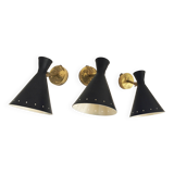 Set of three Italian wall lights in brass and lacquered iron, 1950s design