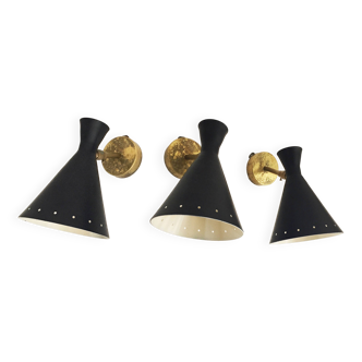 Suite de trois appliques italiennes laiton et fer laqué design 1950