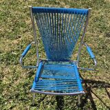 Vintage children's scoubidou chair with chrome metal frame and blue seat