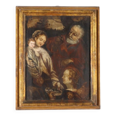 The Holy Family, ancient oil painting on panel, 16th-17th century.
