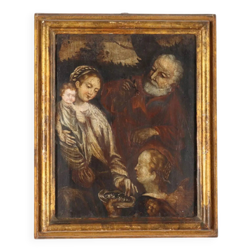 The Holy Family, ancient oil painting on panel, 16th-17th century.