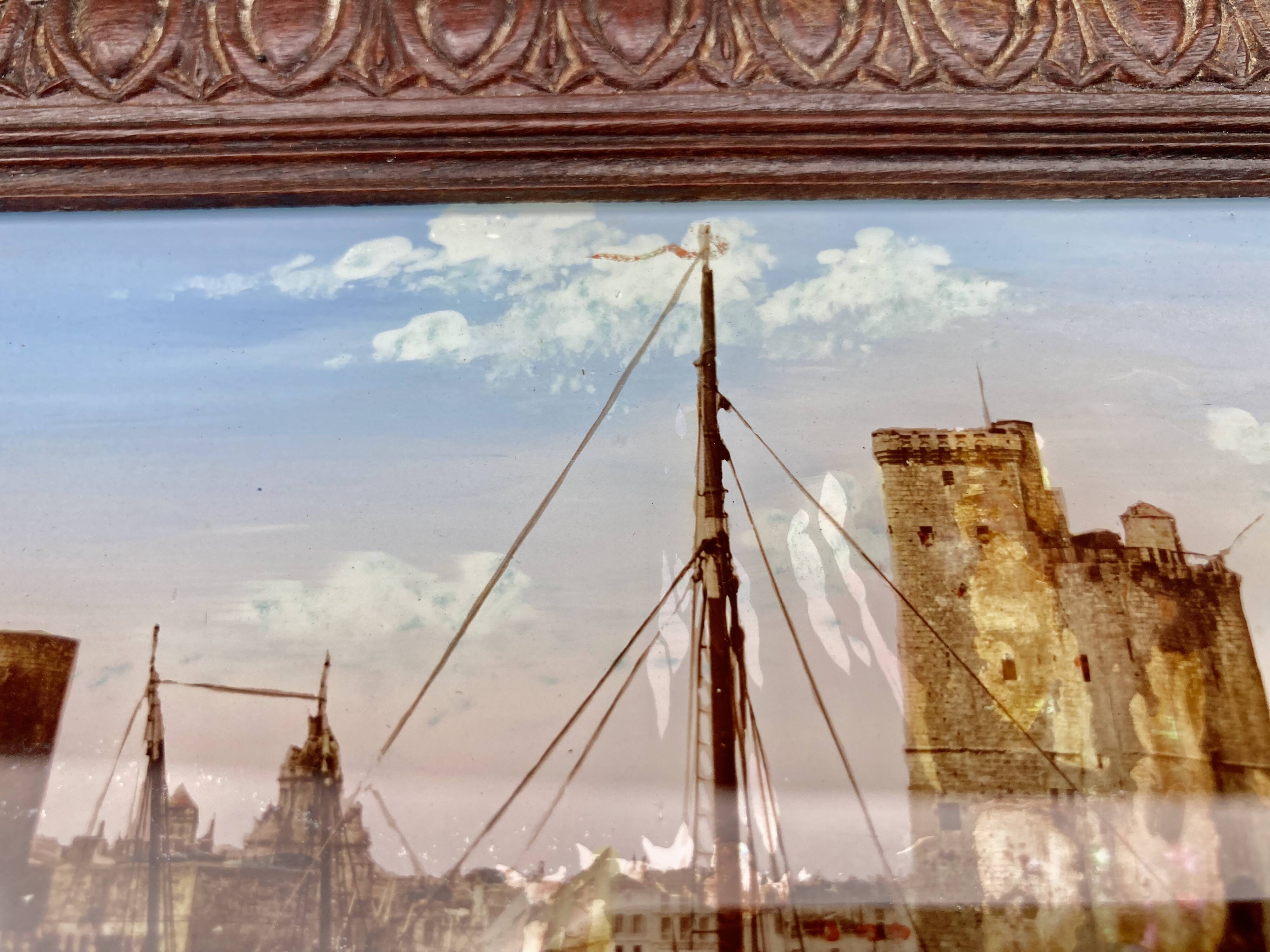 painting fixed under glass port of La Rochelle 19th century