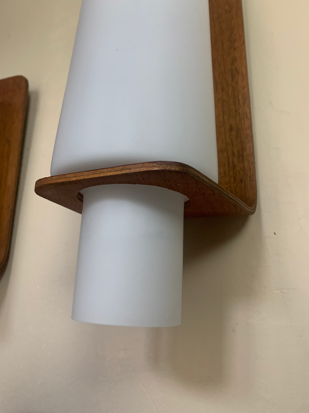 Vintage Scandinavian teak and opaline wall lights